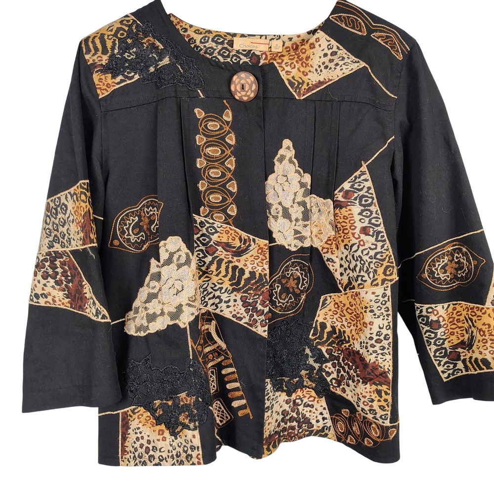 Womens SZ M Choices Patchwork Jacket Black Animal Print Lace Boho Whimsygoth